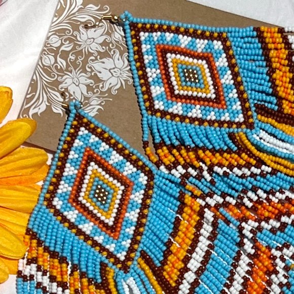 Native American Style Earrings Handmade Beaded Long Fringe Southwest Dangles - Picture 7 of 9